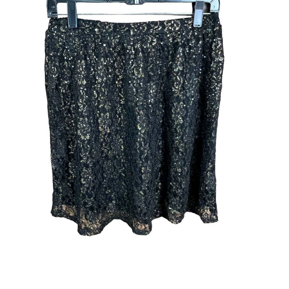 BeBop Mini Skirt Black Lined Black Gold Mesh Lace Overlay Elastic Waist Medium
